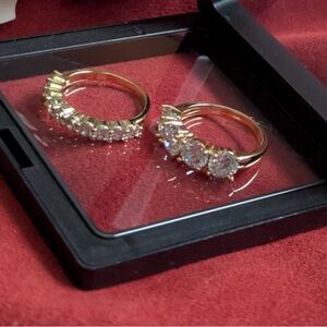Gold Tone Three-Stone and Eternity Band Set with Clear Stones